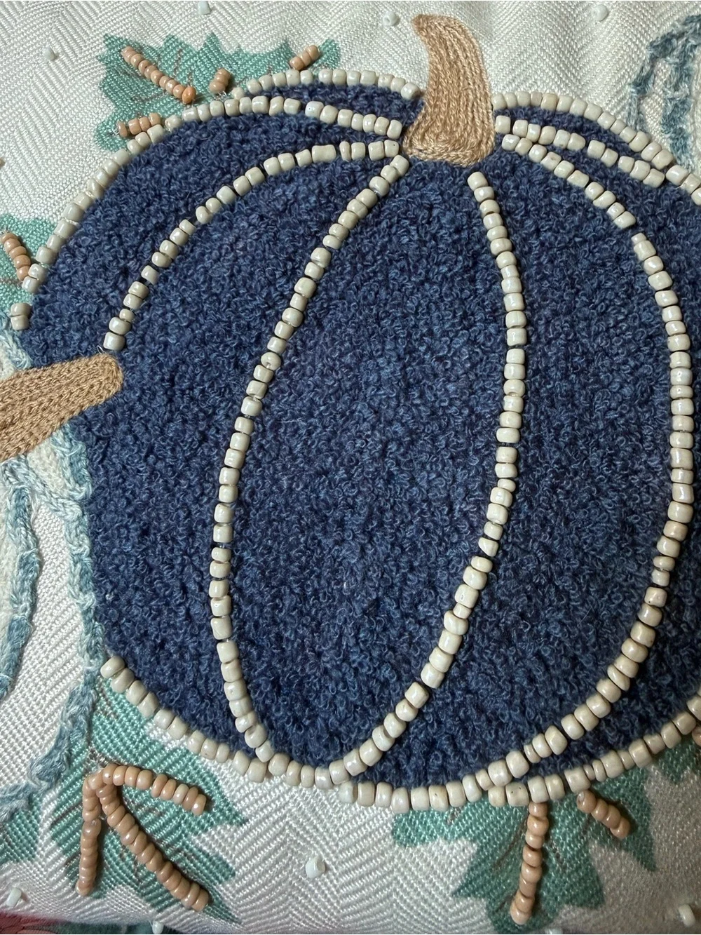Embroidered Pumpkin Lumbar Pillow in Cream and Teal